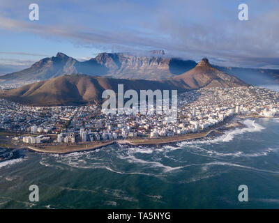 Aerial view over Cape Town, South Africa with Table Mountain Stock Photo