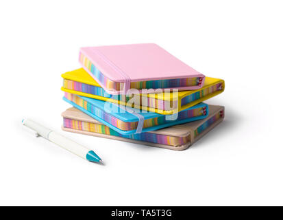 Colorful notebooks with pen isolated on white background. Back to school concep with copy space Stock Photo