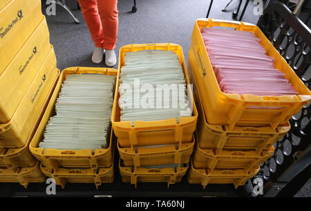 Rostock, Germany. 17th May, 2019. In the electoral roll and ballot by letter there are boxes with envelopes containing the completed ballot papers for the European, Citizens' and Lord Mayors' elections on 26 May 2019. The postal ballot is becoming more and more popular. In the 2017 federal elections in Mecklenburg-Western Pomerania, 23.9 percent of all voters cast their votes by letter, compared to 18.2 percent four years earlier. Credit: Bernd Wüstneck/dpa-Zentralbild/ZB/dpa/Alamy Live News Stock Photo