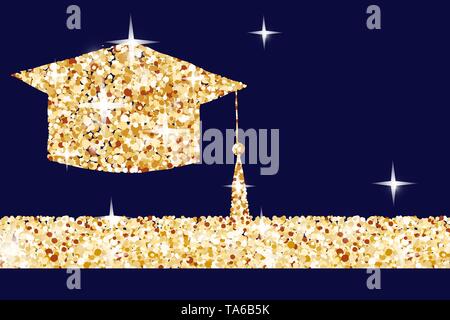 Golden graduation cap horizontal banner, gold college student icon made of golden glitter dust on dark blue background. Vector. Stock Vector
