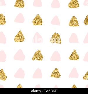 Pink and Gold Hand Draw seamless pattern of triangles. Vector endless texture and pastel colours of glitter. Notebook cover, fabric print, postcard Stock Vector