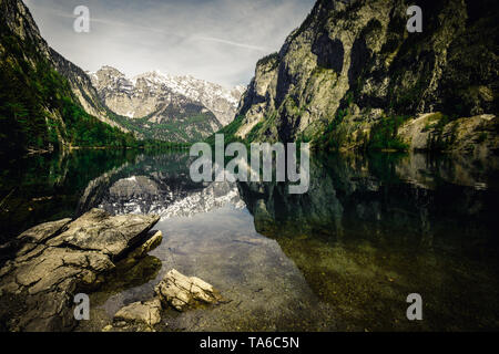 Nature panorama at lake Obersee, near Koenigssee in Berchtesgaden, Bavaria during Spring Stock Photo