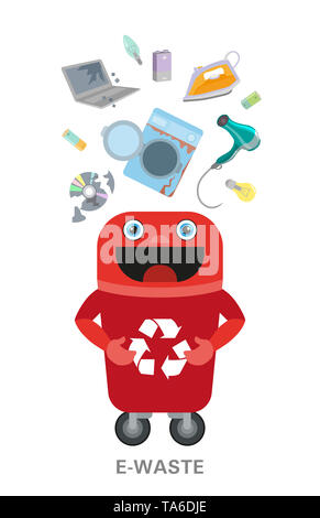 Electronic waste in recycling bin with discarded electrical and electronic devices. Isolated e-waste in garbage can. Stock Photo