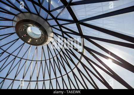 Top structural detail seen from inside The Guerkin skyscraper building. London, UK. Stock Photo