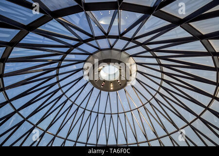 Top structural detail seen from inside The Guerkin skyscraper building. London, UK. Stock Photo