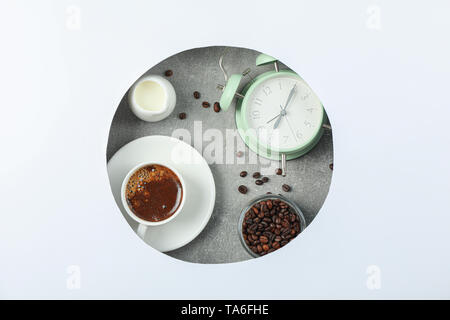 Breakfast composition on grey background in circle, space for text and top view. Fresh morning coffee Stock Photo