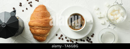 Flat lay composition with coffee time accessories on white background. Break time Stock Photo