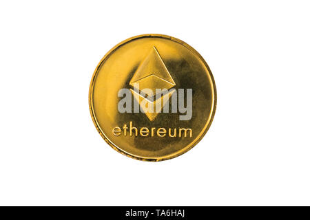 Circle silver Ethereum coin isolated on white background. Clipping path, Digital currency, block chain market. Stock Photo