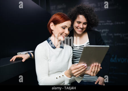 Two young businesspeople using tablet in office, start-up concept. Stock Photo