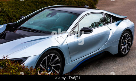 FLODA, SWEDEN - MAY 12 2019: Front view of parked BMW i8 plug in electric hybrid sports car Stock Photo