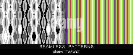 Set of vector seamless patterns. Endless textures in black and white plastic pink UFO green and proton purple colors. Bright abstract striped Stock Vector