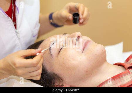 Beautician paint the eyebrows of a young woman. Natural skin no makeup Stock Photo