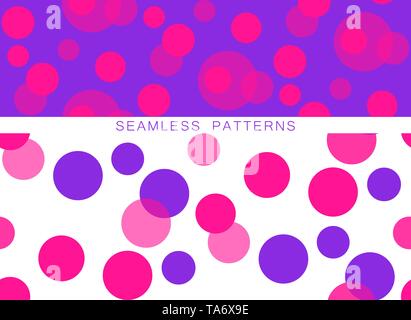 Set of vector seamless patterns. Endless textures in plastic pink proton purple colors. Abstract background with circles. Positive textures with Stock Vector