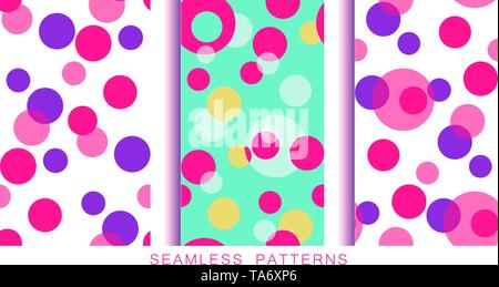 Set of vector seamless patterns. Endless textures in plastic pink proton purple turquoise white yellow colors. Abstract background with circles Stock Vector