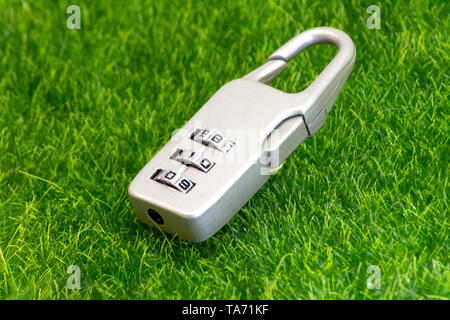 Luggage lock for baggage travelers on green grass. Stock Photo
