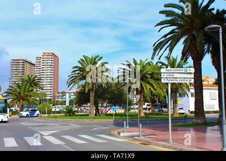 Costa Brava, Spain - October 26th 2018: Local Police on patrol in the streets surrounding the Port of Palamos after the arrival of a Cruise Ship. Stock Photo