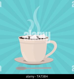 Hot chocolate cup with warshmallow and spoon. Blue background. Stock Vector