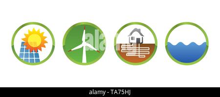 Energy Transition Icons - Electricity out of  Solar Wind Earth Water - Vector Illustration Icons Stock Vector