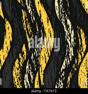 Vector dark grunge seamless pattern. Abstract vertical shapes with texture. Urban art style. Trendy background in bright yellow color on black Stock Vector