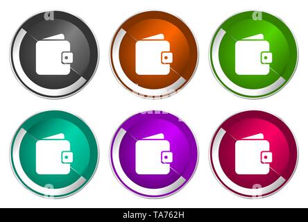 Purse wallet money symbol, set of silver metallic round icons in six colors options isolated on white background, modern design vector illustration Stock Vector