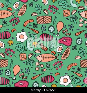Vector seamless pattern. Hand drawn food for decor menu design. Kitchen surface design. Stock Vector