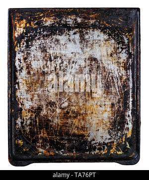 Old dirty aluminium oven baking tray isolated on white background Stock Photo