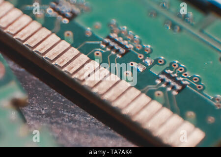 Gold Contact pins on DDR3 DIMM memory module for desktop pc computer, allow processor to access the data that needs to be process quickly Stock Photo