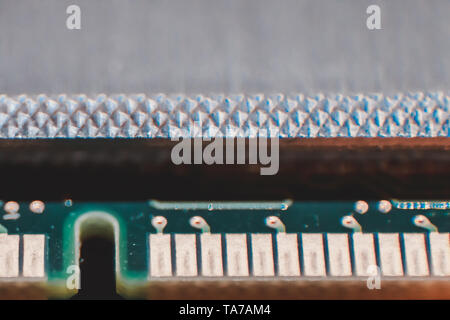 Gold Contact pins on DDR3 DIMM memory module for desktop pc computer, allow processor to access the data that needs to be process quickly Stock Photo