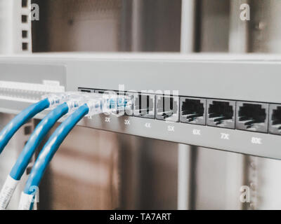 Several RJ45 Ethernet cables plugged into a switch inside a server rack of a company to link computer together into a network Stock Photo