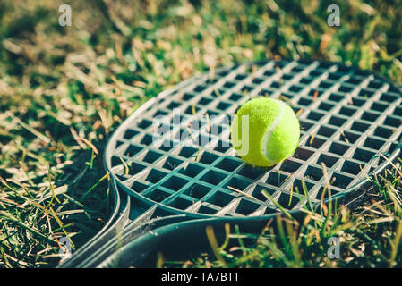 Tennis ball lying on a racket in the green grass. Summer games concept Stock Photo