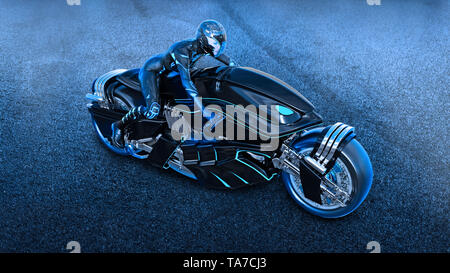 Biker girl with helmet riding a sci-fi bike, woman on black futuristic motorcycle in night city street, top view, 3D rendering Stock Photo