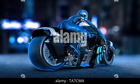Biker girl with helmet riding a sci-fi bike, woman on black futuristic motorcycle in night city street, rear view, 3D rendering Stock Photo