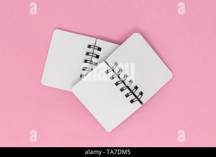 Two open notebooks on a pink background. Stock Photo