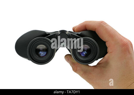 close up, front view of hand holding black binoculars on white background Stock Photo