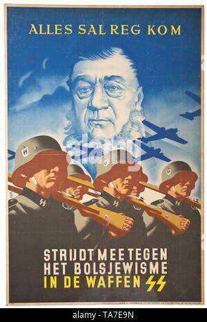 A Dutch propaganda poster for the Waffen-SS circa 1941 historic, historical, 20th century, 1930s, 1940s, Waffen-SS, armed division of the SS, armed service, armed services, NS, National Socialism, Nazism, Third Reich, German Reich, Germany, military, militaria, utensil, piece of equipment, utensils, object, objects, stills, clipping, clippings, cut out, cut-out, cut-outs, fascism, fascistic, National Socialist, Nazi, Nazi period, Editorial-Use-Only Stock Photo