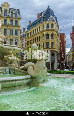 Lyon, France - May 09, 2019: Scene of Place des Jacobins square and its fountain, with locals and visitors, in Lyon, France Stock Photo