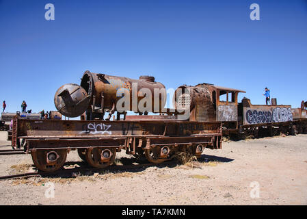 Train cemetery of abandoned locomotives, Uyuni, Bolivia Stock Photo