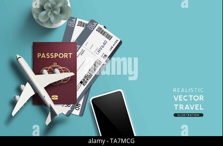 Travel flat lay concept with passports, airline tickets and toy plane. Vector illustration. Stock Vector