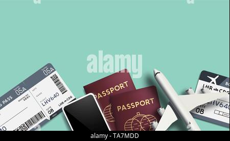 Travel background with passports, airline tickets and toy plane. Vector illustration. Stock Vector