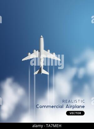 Realistic vector commercial passenger airplane jet flying through clouds. Top Aerial view vector illustration. Stock Vector