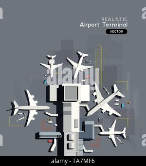 Top down aerial view of a busy airport terminal with parked commercial airplanes. Vector illustration. Stock Vector