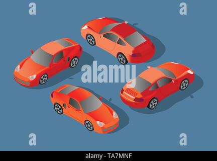 Red Car concept. Sedan automobile. Flat 3d transport high quality icon set. Car icons isolated vector . Stock Vector