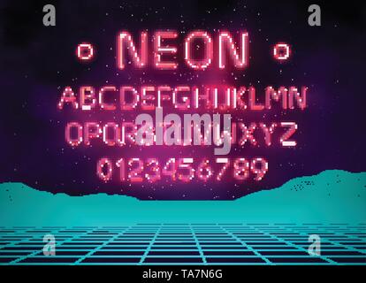 Light neon font letter set. Bar sign vector type. Glowing casino and cinema red text alphabet on brick wall background. Retro landscape background. Stock Vector