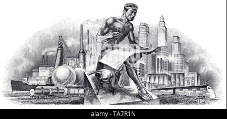 illustration in the vignette of a historical stock certificate of a medical publishing house, a man with paraphernalia for chemistry in front of a factory and a city, Perfect Film and Chemical Corporation, Delaware, USA, 1967, Detail, Zeichnung in der Vignette, Wertpapier, historische Aktie, Motiv: Ein Mann mit Chemie Utensilien vor ein Fabrik und Stadt,  Medizinischer Verlag, Perfect  Film & Chemical Corporation, 1967, Delaware, USA Stock Photo