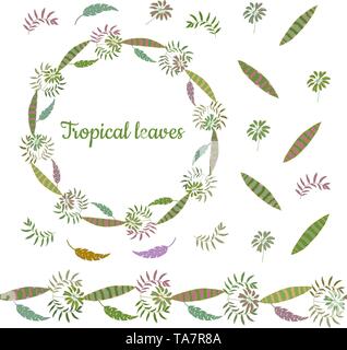 Botanical wreath from different leaves of tropical plants. Endless horizontal brush. Seamless horizontal border. Vector hand drawing illustration. Stock Vector