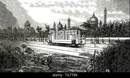 Detail of a historic stock certificate, image of a tram, Constantinople at the back, Tramways & Electricite de Constantinople, 1916, Istanbul, Turkey, Historische Aktie, Motiv einer Straßenbahn vor der Kulisse von Konstantinopel,  Tramways & Electricite de Constantinople, 1916, Istanbul, Türkei Stock Photo