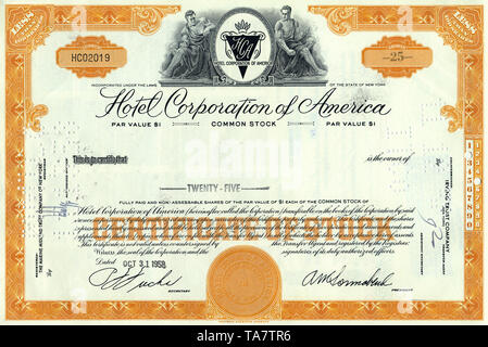 Historic share certificate, Hotel Corporation of America, HCA, motor hotel and restaurant, New York, 1958, USA, Historische Aktie, Hotel Corporation of America, HCA, HOTEL, MOTOR HOTEL, RESTAURANT, New York, 1958, USA Stock Photo