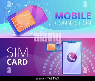 Sim phone card banner set. Cartoon illustration of sim phone card vector banner set for web design Stock Vector