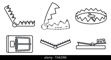 Bear trap icons set. Outline set of bear trap vector icons for web design isolated on white background Stock Vector