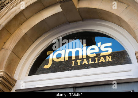 Cambridge Uk, 2019-05-22, Jamie's Italian reastaurant in Cambridge is one of 22 to be closed, All but three of Jamie Oliver’s 25 UK restaurants have closed, with the loss of 1,000 jobs, after the business called in administrators. The lights are left on but the doors are firmly locked, in the windows are printed signs as to who the administrators are for further information Stock Photo
